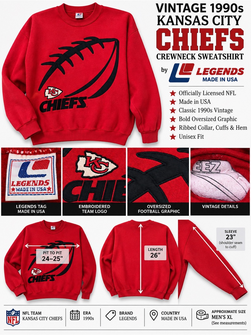 Vintage 1990s Kansas City Chiefs NFL Crewneck Sweatshirt